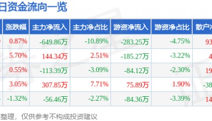 股票行情快报：准油股份（002207）5月7日主力资金净卖出649.86万元