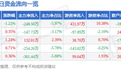 股票行情快报：恒大高新（002591）5月21日主力资金净卖出248.50万元