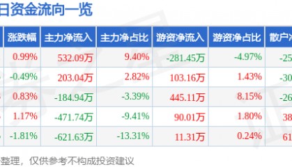 股票行情快报：恒大高新（002591）7月10日主力资金净买入532.09万元