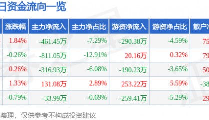 股票行情快报：常铝股份（002160）2月6日主力资金净卖出461.45万元