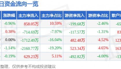 股票行情快报：富春环保（002479）5月15日主力资金净买入858.05万元