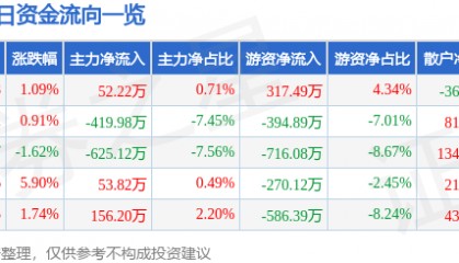 股票行情快报：恒大高新（002591）5月9日主力资金净买入52.22万元