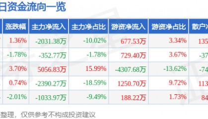 股票行情快报：涪陵电力（600452）12月27日主力资金净卖出2031.38万元