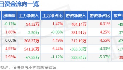 股票行情快报：恒大高新（002591）6月27日主力资金净买入94.32万元