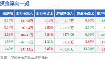 股票行情快报：ST熊猫（600599）11月27日主力资金净买入131.08万元