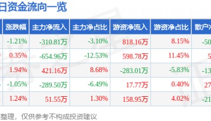股票行情快报：恒大高新（002591）6月10日主力资金净卖出310.81万元