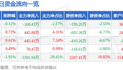 股票行情快报：长江传媒（600757）3月13日主力资金净卖出169.43万元