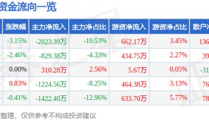股票行情快报：太阳能（000591）1月2日主力资金净卖出2023.39万元
