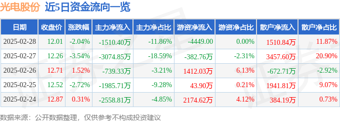 股票行情快报：光电股份（600184）2月28日主力资金净卖出1510.40万元